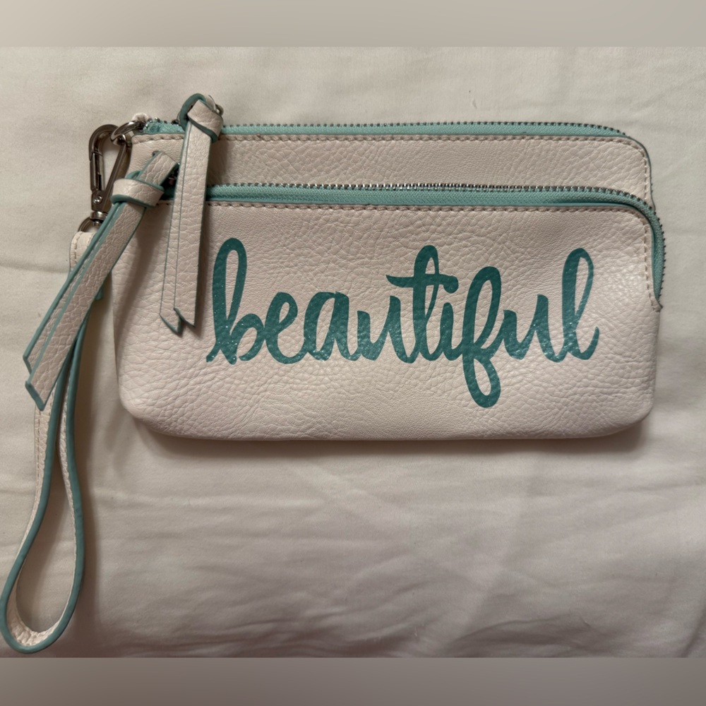 “Beautiful” White and Aqua Wristlet Clutch
